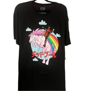 Marvel Black Tee with Deadpool and Unicorn Design